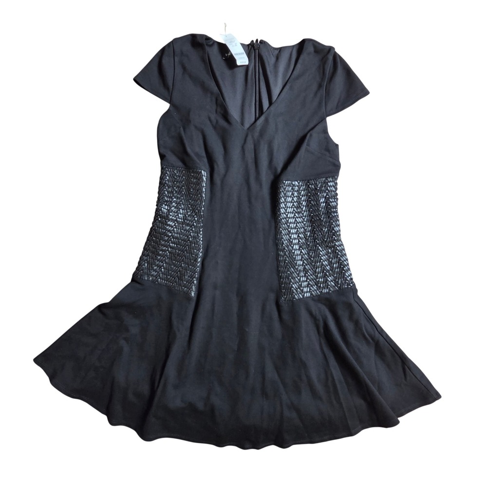 Bebe Braided Trim Ponte Flare Dress L V-Neck Cap Sleeve Edgy Indie Sleaze NWT
